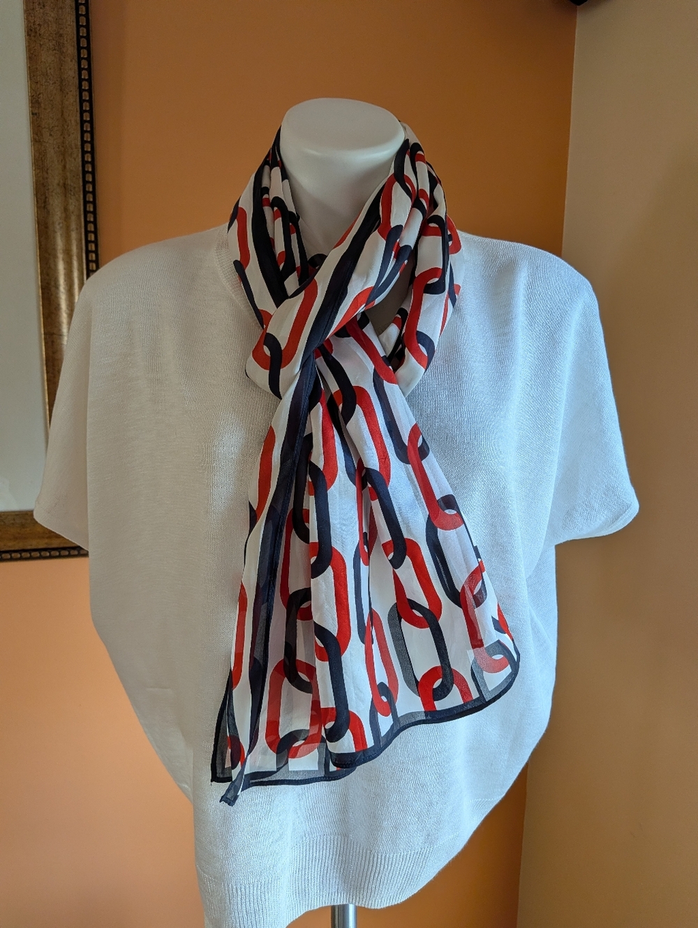 Vintege Lightweight White Scarf with Red and Navy Chain Print - WomenAccessories